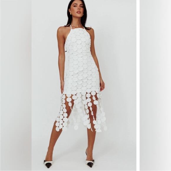 NWT Selfie Leslie Circle Lace Trim Fringe White Halter Dress Sz L - Picture 1 of 8